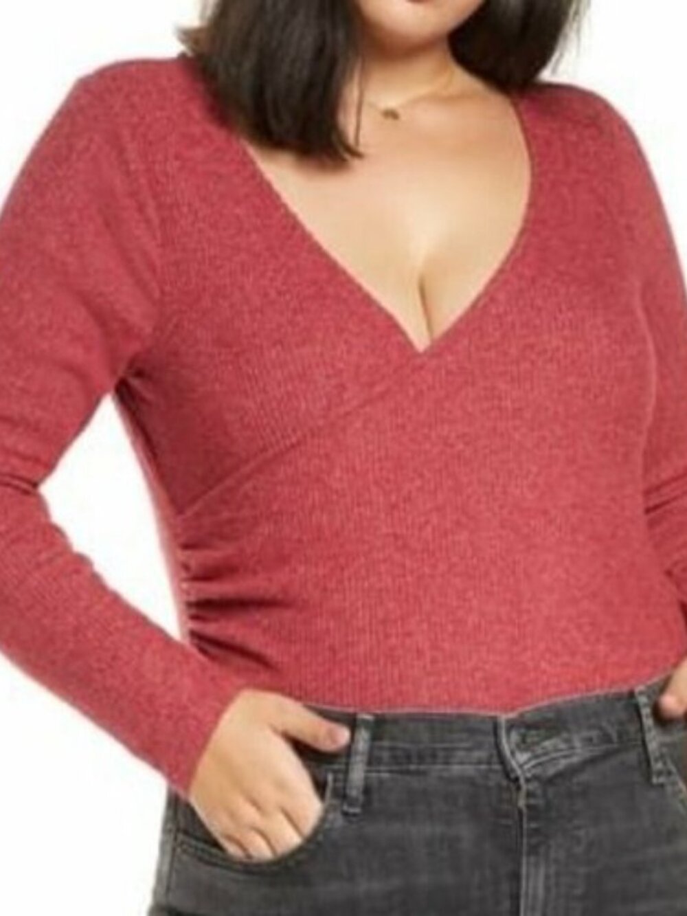 BP Womens Red Ribbed Long Sleeve V Neck Pull On Bodysuit Size 2X